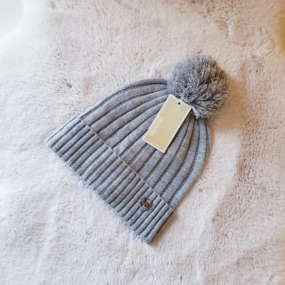 MICHAEL Michael Kors Light Gray Knit Beanie Pom Pom Silver MK One Size H…